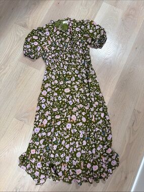 Diane Von Furstenberg Olive Green Floral Midi Dress with Pink Blooms
